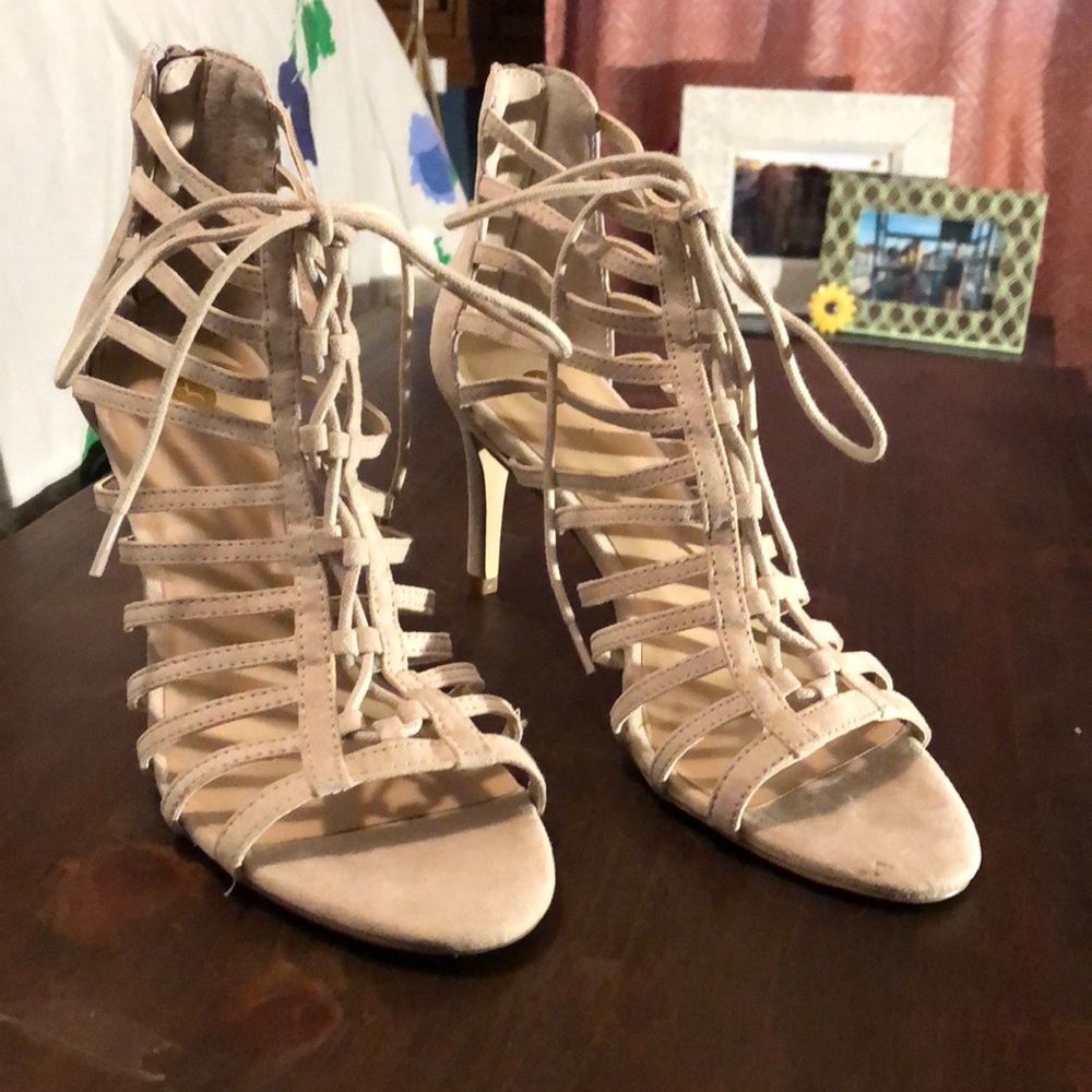 Cream Lattice Lace Up Heel